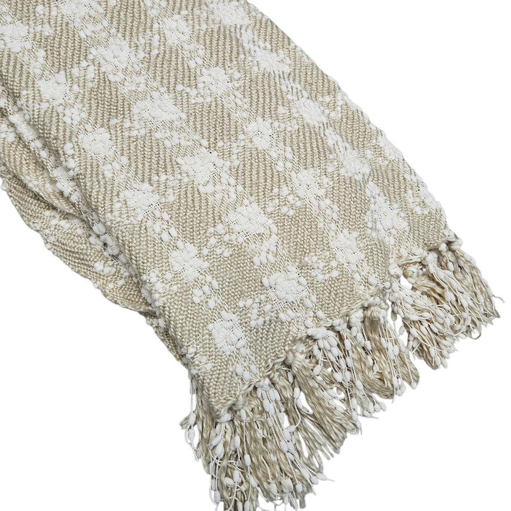 Pier 1 Imports Textured Chunky Knit Throw Blanket Beige White Fringe Cozy Beachy - Picture 1 of 5